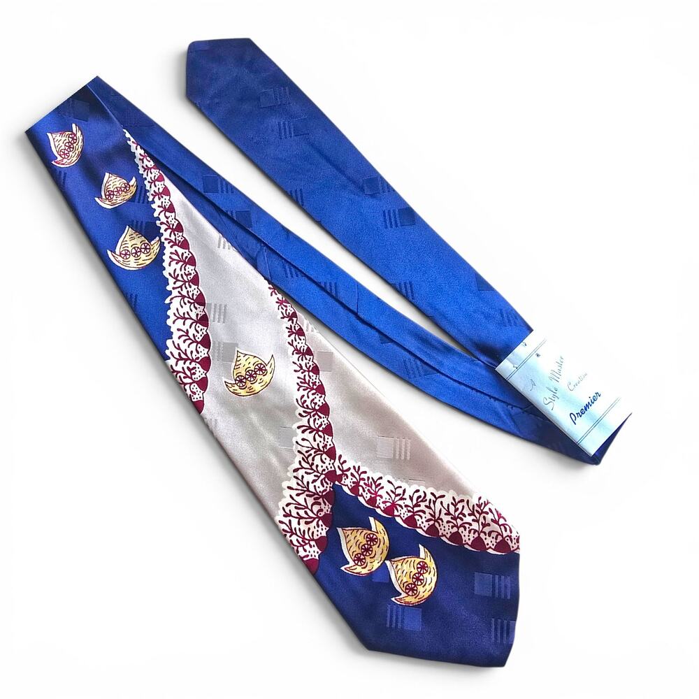 NOS VTG 1940s 1950s Novelty Bird Necktie Wide Atomic Blue Ivory Premier w/Sleeve